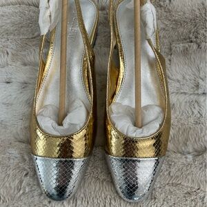J. Crew Factory Gold and Silver Bock Heel Slingbacks